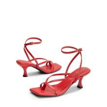 Women Minimalist Stiletto Heeled Ankle Strap Thong Sandals, Sexy Square Open Toe Heeled Sandals, Fashionable Party Wedding Dress Shoes Spring Summer Wearing - 紅色 - 查看 4