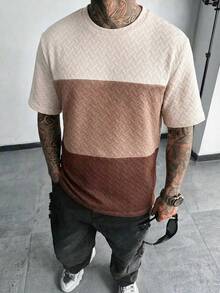 Herren Patchwork Kontrast Farbiges T-Shirt, Lässiges leichtes Strick Textur Sommer T-Shirt - Verschiedenfarbig - Übersicht 2