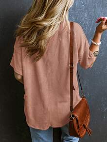 CILKOO 女士宽松扭结口袋V领休闲短袖T恤，春夏款 - 棕色 - 查看 2