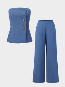 2pcs/Set Elegant Minimalist Holiday Party Commute Business Suit Co-Ord Sets Women, Autumn Strapless Waist Fitted Top & Pants Summer - Blue - View 8