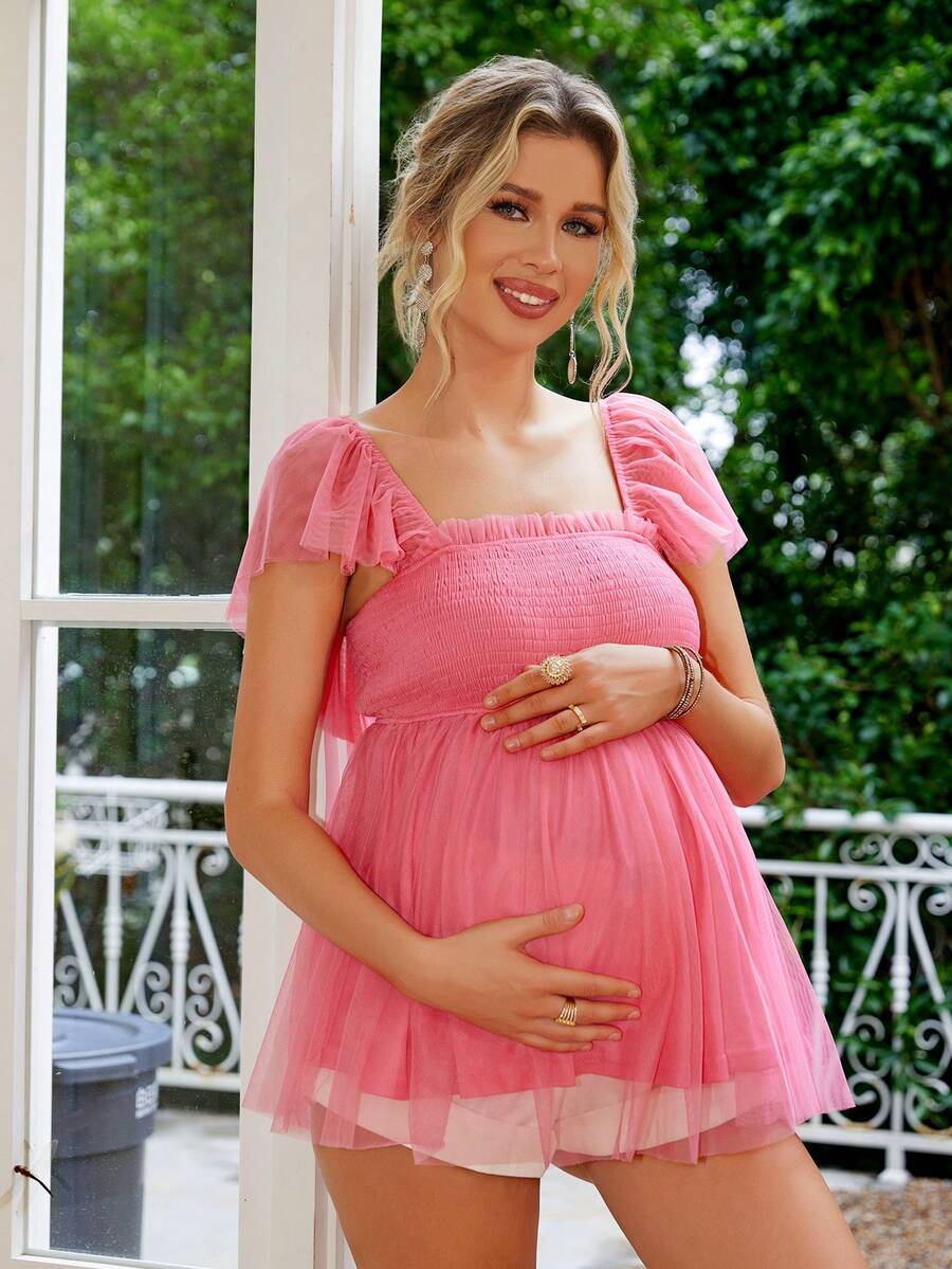 Joyfunear Áo bầu cổ vuông xếp ly gấu cho mùa hè - Màu Hồng  Dưa hấu - Xem 1