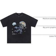 Laixton Men's Pattern T-Shirt Unisex Cotton Oversized T-Shirt Short Sleeve Retro Streetwear Casual T-Shirt Top Comfortable Washed Cotton T-Shirt - 清涼水洗黑色 - 查看 4