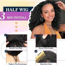 三合一合成假发，长款水波纹黑色假发，无缝翻转式免胶新手友好型深波浪卷发假发，配有抽绳头带，适合日常佩戴 - 彩色 - 查看 6