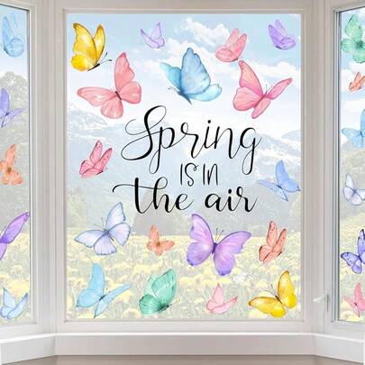 6 Sheets Spring Window Clings,Watercolor Butterfly Spring Is In The Air Window Decal Stickers Removable Anti-Collision Spring Window Cling For Window Glass Decoration
