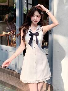 Y6Y Spring New White Lace Trim Sleeveless Mini Dress, Preppy Style - White - View 1