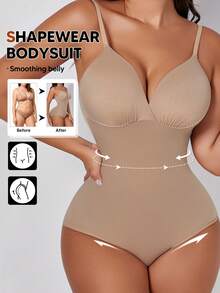 Women's Deep V-Neck Bodysuit With Triangle Cups, Slimming And Lifting Effect, Excellent For Layering - Apricot - View 1