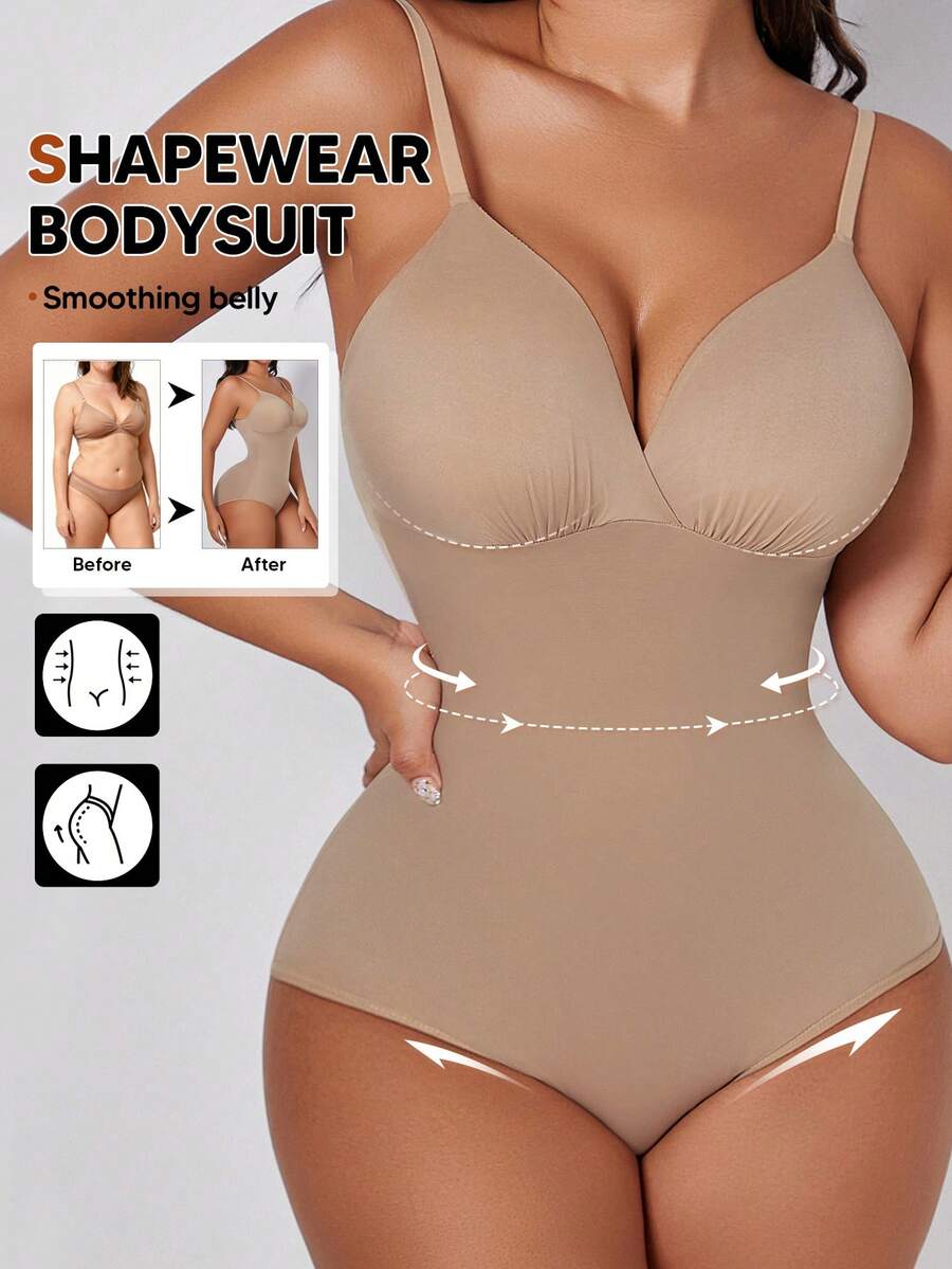 Women's Deep V-Neck Bodysuit With Triangle Cups, Slimming And Lifting Effect, Excellent For Layering - Apricot - View 1