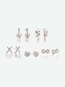 Opalesca 5 paires de boucles d'oreilles élégantes et vintage de luxe avec nœud papillon et perles de fantaisie. Un ensemble délicat et personnalisé, idéal pour la Saint-Valentin. - Argent - Voir 4