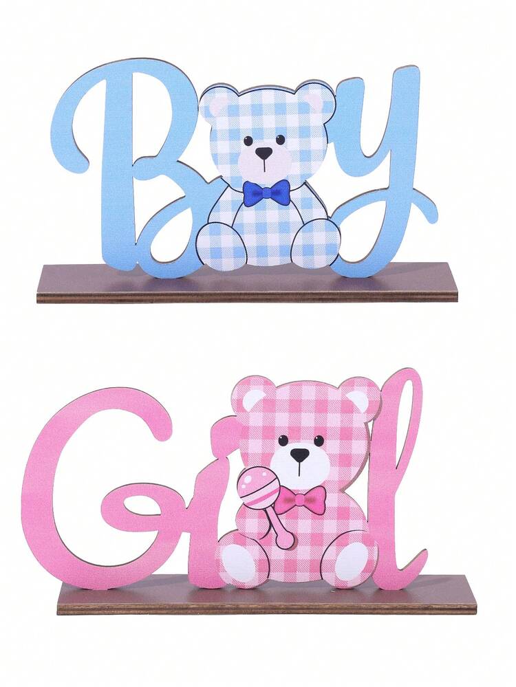 2 tấm bảng gỗ hình gấu kẻ caro dễ thương, chữ "Boy" màu xanh dương và chữ "Girl" màu hồng, trang trí dọc, vật trang trí trung tâm cho tiệc tiết lộ giới tính, trang trí tiệc mừng em bé, trang trí bàn bánh. - Nhiều màu - Xem 3