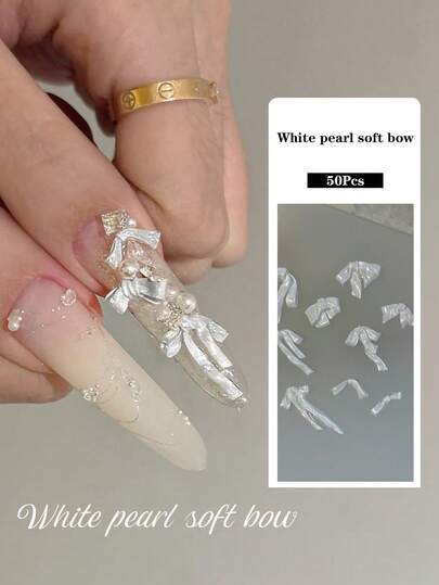 50pcs White Satin Bow Nail Art Decorations, Finished Soft Carving Pearlescent Ribbon Bows, Versatile Nail Accessories