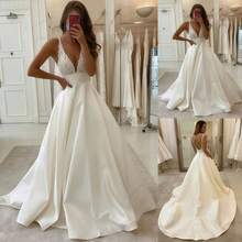 Elegant Sexy V Neck Backless A Line Satin Formal Wedding Dress,Registry Office Dresses Bridal Gown,Evening Party Dress Birthday Party Dress Country Wedding,Romantic Church Ceremony Wedding Dress,Suitable For Wedding,Dating,Party,Singles' Party,Vacation,Formal Occasions,Dinner Dress,Prom Dress,Homecoming Dess,Cocktail Party,Wedding Guest Dress,Graduation - 白色 - 查看 5