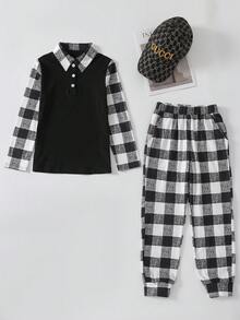 2 件套青少年男孩格纹 POLO 衫和松紧袖口裤休闲装，春/秋/冬 - 黑與白 - 查看 6