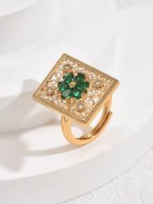 1pc Dubai Style Emerald Green Hollow Square Zirconia Stone Ring, Middle Eastern Engagement/Anniversary Gift For Women - Yellow Gold - View 5