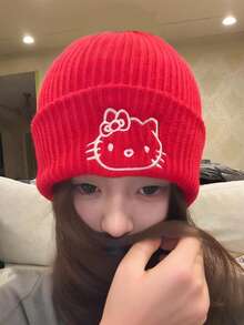 Sanrio 三丽鸥Hello Kitty韩式可爱刺绣猫咪针织帽，女士秋冬保暖护耳羊毛帽，头巾，防寒帽，情人节礼物 - 彩色 - 查看 4