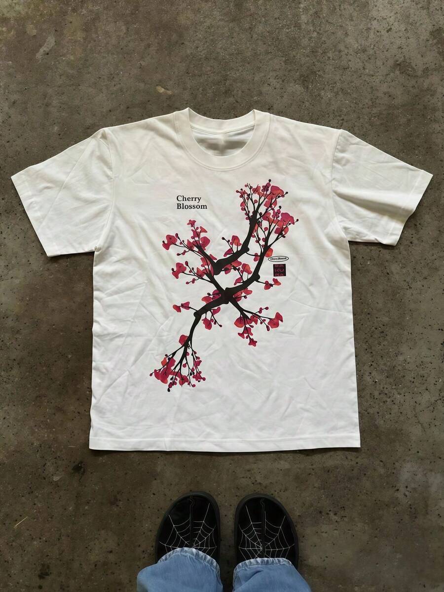Women's Cherry Blossom Graphic Tee, Soft Cotton Short Sleeve T-Shirt With Japanese Floral Print, Loose Fit Casual Top, All-Season Streetwear - trắng - Xem 1