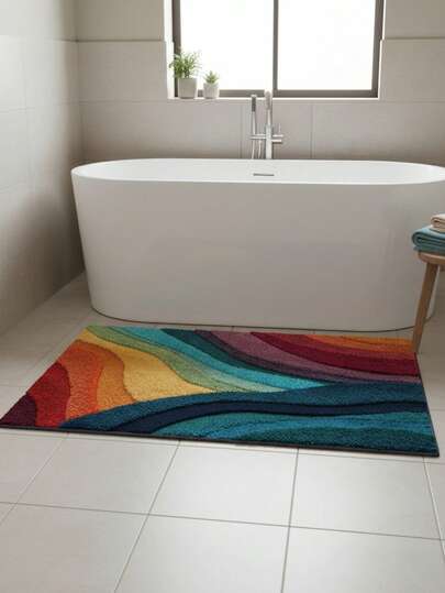 1 件装彩色彩虹绒面防滑速干长方形地垫，适用于玄关、厨房、客厅、卧室、洗衣房，是节日礼物、节日装饰和浴室地垫的理想之选 - 仿羊毛