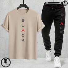 Men's Fashion Casual T-Shirt And Sweatpants Set - Black Cotton Knit + Sweatpants With Pockets - Art - 米色T卹,黑色褲子 - 查看 2