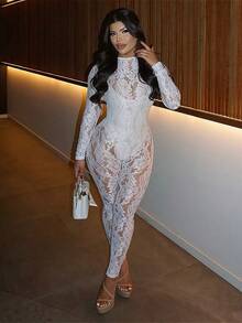 Fashion Spice Girls Autumn European And American Style New Sexy Lace  Tights Perspective Crew Neck Long Sleeve Jumpsuit - trắng - Xem 1