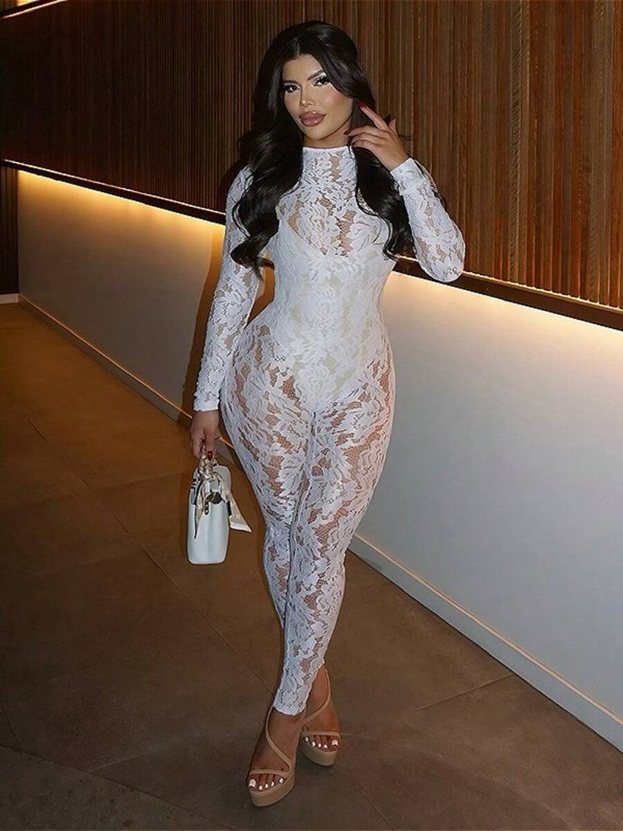 Fashion Spice Girls Autumn European And American Style New Sexy Lace Tights Perspective Crew Neck Long Sleeve Jumpsuit - trắng - Xem 1