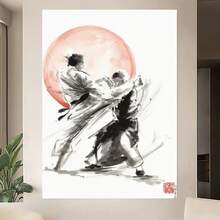 Framed 2D Flat, 1pc Framed Martial Arts Ink  Canvas Poster -  Martial Arts Scene With Red Circle Background, Ready-To-Hang Framed Wall Decor For Living Room, Office, Dojo, Birthday, Halloween, Housewarming - Modern/Classic/Contemporary Asian-Inspired Home Decoration Gift, Office Artwork, Traditional Japanese Art, Readytohang Artwork, 2D Flat Canvas S-FramedMartial - Arts Ink  Art, Posters And Prints, Living Room, Bar, Cafe, Birthday Gifts, Home Decor, Holiday - 框架 - 查看 3