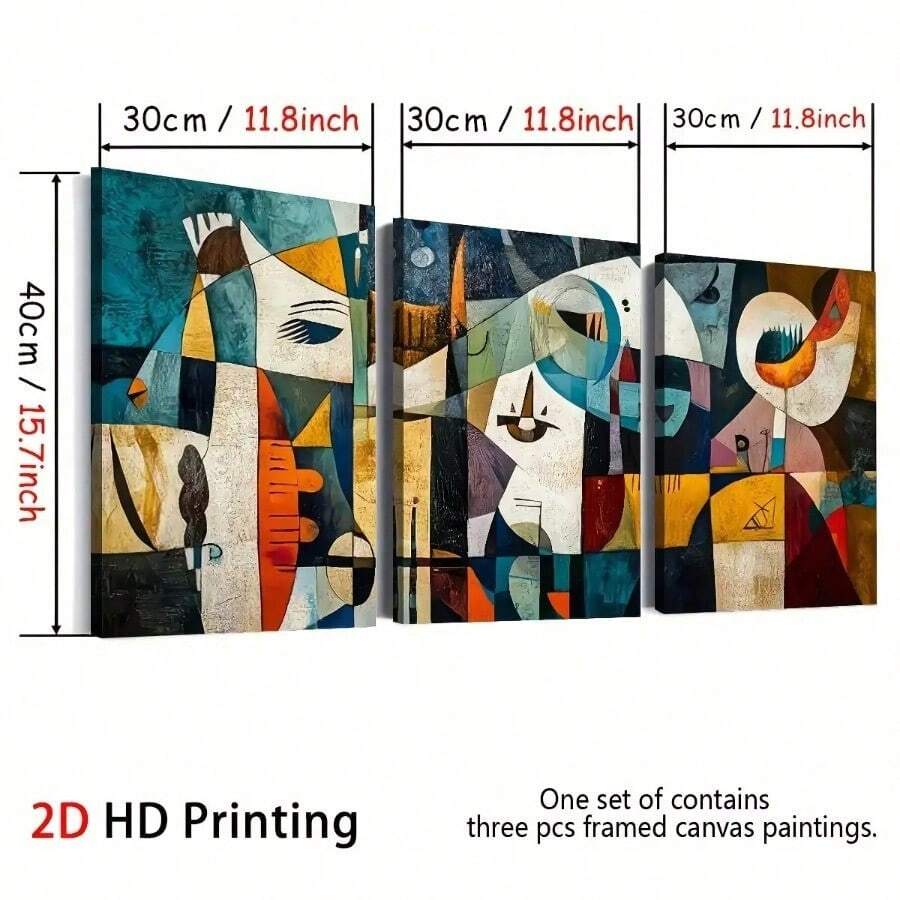 2D Flat, 3pcs 2D/Flat Print, Framed Canvas Painting And Poster, Ready To Hanging, Retro Art Style Fashion Abstract, Home Decor, Wall Art, Room Decor, Printing, Holiday Gift, Living Room, Bedroom, Dining Room, Office Decoration Hanging Picture - 30*45/12*18*1.2inch-framed - View 1