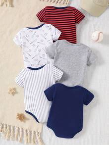 Boys' 5-Piece Jumpsuit Set, Triangle Design, Short Sleeves, Baseball Sports Print, Soft And Comfortable Cotton Jumpsuit, Ideal For Outdoor Activities. - 淺灰色 - 查看 2
