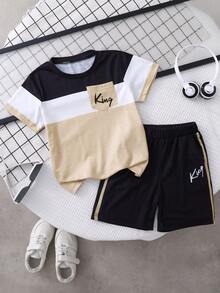 2 Stücke Kleinkind Jungen Sommer Kurzarm T-Shirt und Shorts Set, Patchwork Kontrastfarben Buchstaben Muster, lässige bequeme Strickstoff Hose, Alltags- und Outdoor-Sport Outfit - Verschiedenfarbig - Übersicht 6