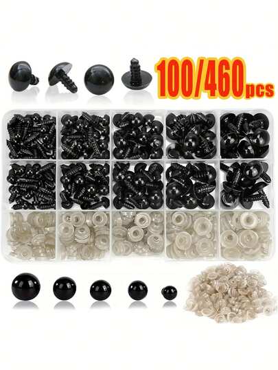 460/100 قطعة مجموعة أعين الدمى متنوعة الأحجام - أعين بلاستيكية سوداء آمنة، فلاشات، أعين وأنوف كروشيه للحيوانات الناعمة، أميجورومي، اكسسوارات DIY، أعمال يدوية DIY، أنماط المجوهرات