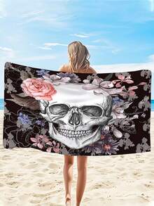 1pc Gothic Halloween Beach Towel, 250gsm Ultra-Fine Fiber Quick-Dry & Super Absorbent, Dark Skull Crack Rose Pattern, 70x140cm Or 90x180cm, Multi-Functional Sand Mat, Yoga Mat, Camping Blanket, Travel Shawl - Multicolor - View 14