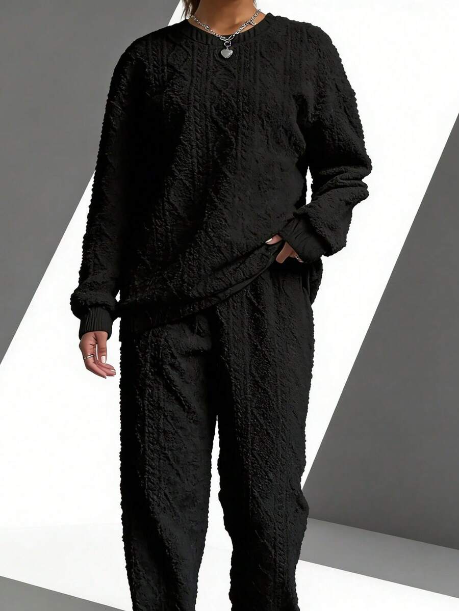 Relaxed Texture Pullover Pants, Long-Sleeved Round-Neck Sportswear And Jogging Pants Combination, Women's Clothing, High-Quality Textured Casual Pullover Set, Releasing A Sense Of Relaxation And Ease - 黑色 - 查看 1