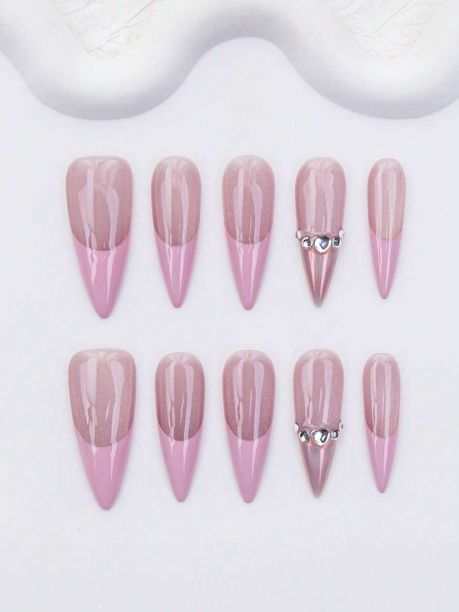 10pcs-Y2K Press On Nail, Long Tip, 100%Handmade, Reusable, Pink Nail, Nude Color, Paired With French, 3D, Cross, Little Snake, Suitable For Daily Wear, Party, And Also The Best Valentine's Day Gift For Girls And Women - Pink - View 1