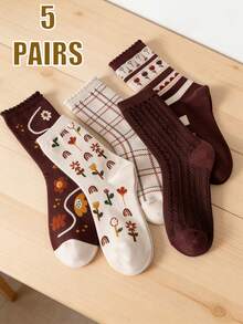 5 Pairs Brown Floral Pattern Mid-Calf Socks, Retro , Fashionable & Versatile - Brown - View 1