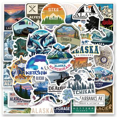 61 PIEZAS Pegatinas de Alaska, Pegatinas decorativas, Pegatinas para botellas de agua y portátiles, Pegatinas coloridas, para portátil, cuaderno, funda de teléfono, guitarra, patineta