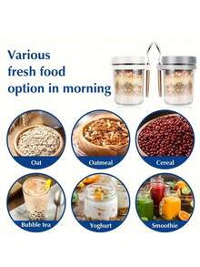 1个带盖带勺子的密封玻璃早餐杯，便携式燕麦片/牛奶/沙拉/酸奶杯 - 彩色 - 查看 11