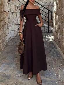 Solid Color Elegant Backless Off Shoulder Dress, Suitable For Wedding, Party, Dating, Formal Occasions Summer - Burgundy - View 4