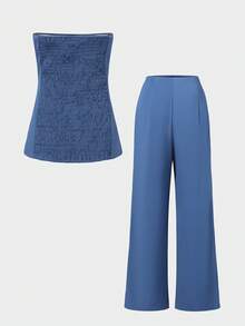 2pcs/Set Elegant Minimalist Holiday Party Commute Business Suit Co-Ord Sets Women, Autumn Strapless Waist Fitted Top & Pants Summer - Blue - View 9