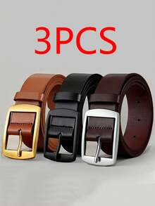 3pcs Men's Fashionable PU Leather Belt, Simple And Retro Design Smooth Buckle Belt For Men Daily Life - 3pcs (black + Brown + Khaki) - View 10