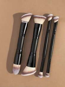 4pcs Professional Dual-Ended Makeup Brush Set - Angled & Tapered Foundation Brush, Contour Brush, Blush Brush, Powder Brush, Eyeshadow Brush, Concealer Brush, Highlighter Brush, Blending Brush. Soft Fiber Brushes, Portable For Travel, Great Gift For Women And Girls.