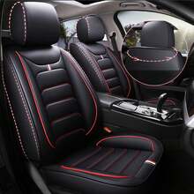 For 5 Seat Universal Luxury Faux Leather Waterproof Car Seat Cover Full Set Front Rear Back Cushion 360° Protector Interior Decor For Most Sedan Pickup Trucks Hatchbacks Suv Crossovers - 黑/紅 - 查看 6