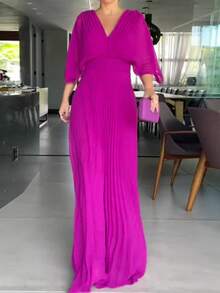 Dresses For Women,Women's Fashionable And Elegant Solid Color Pleated V-Neck Batwing Sleeve High Waist Full Skirt Long Dress - 紫色 - 查看 2