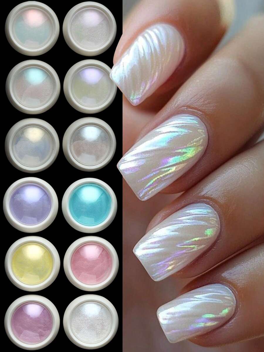 12 Boxes Aurora Pearl Nail Art Chrome Powder, Rainbow Chameleon Glitter, Y2K Mermaid Nail DIY Decor Pearl Matte Powder - Multicolor - View 1