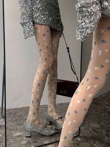 1双女士蓝白星形透明可爱连裤袜，独特设计，彰显个性，Y2K复古风情，时尚百搭，适合日常穿着 - 彩色 - 查看 3