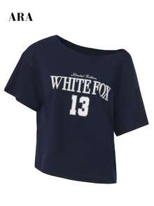 ARA CHIC 女士藏蓝色不对称落肩字母印花短袖T恤，撞色数字图案休闲圆领上衣，春夏度假学院风 - 藏蓝色 - 查看 4