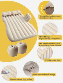 Car Backseat Inflatable Mattress Portable Travel Mattress Thickened Vehicle Camping Mattress Universal Inflatable Mattress Includes Electric Air Pump And 2 Pillows Mattress Dimensions: 51 X 31.5 Inches Suitable For Car Backseats, Picnics, Camping, Home Use (Beige) - Vertical Stripes - View 4