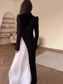 Nuevo Vestido de Otoño 2026 para Mujer, con Manga Larga, Estilo Occidental, de Dos Piezas Ilusorias, Combinación Fashion y Estilo con Pliegues - Bloqueo de color - Ver 2