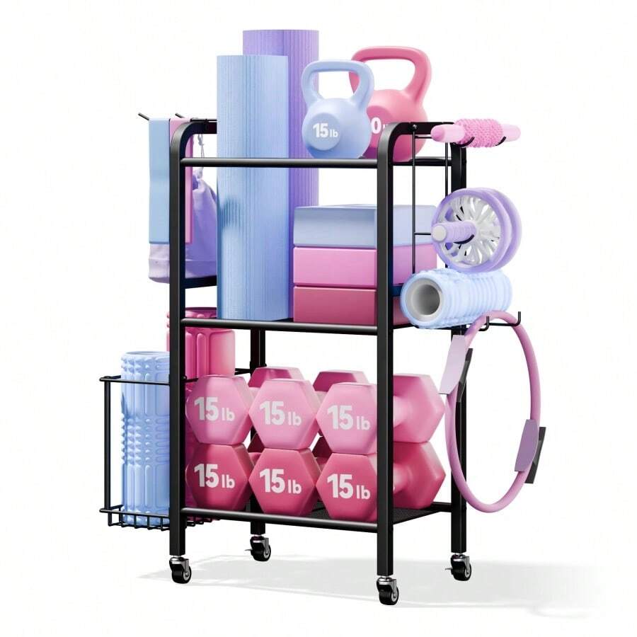 HeavyDuty Home Gym Storage Rack With Hooks And Smooth Wheels For Workout Gear - B0FGGT7YDX - View 1