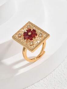 1pc Dubai Style Emerald Green Hollow Square Zirconia Stone Ring, Middle Eastern Engagement/Anniversary Gift For Women - Yellow Gold - View 7