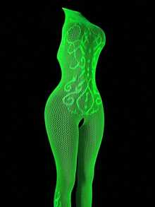 1 Piece Of Glow-In-The-Dark Fishnet Bodysuit, Open-Crotch Sheer Mesh Bodysuit With Light-Up Mesh, Women's Sexy Lingerie, Women's Erotic Bodysuit, Women's Glow-In-The-Dark Party Lingerie, Role-Play Costumes, Exotic-Style Apparel, Erotic Bodysuits, Bodysuits, Women's Sexy Bodysuits, Valentine's Day Lingerie - trắng - Xem 6
