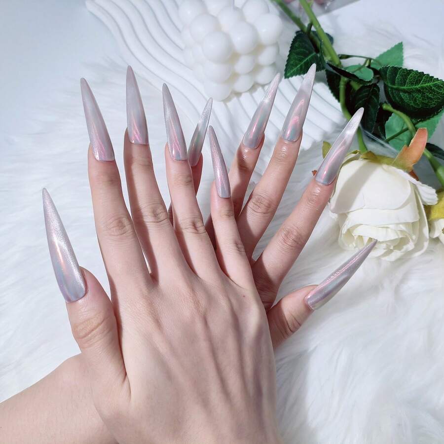 Holographic Silver Aurora Press-On Nails 2026 New Handmade-Long Stiletto Valentine's Day Sparkle Nails,Reusable Unique Fashion Nails - Holographic Silver - View 1