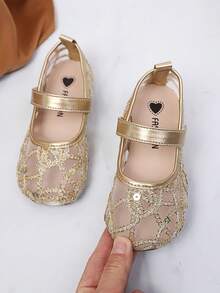 New Girls' Mesh Breathable Comfortable Sequin Round Toe Flat Shoes, Metal Material Gold Princess Mary Jane Shoes, Suitable For Ramadan Gifts For Kids/Daily Wear (2 Years - 18 Years)